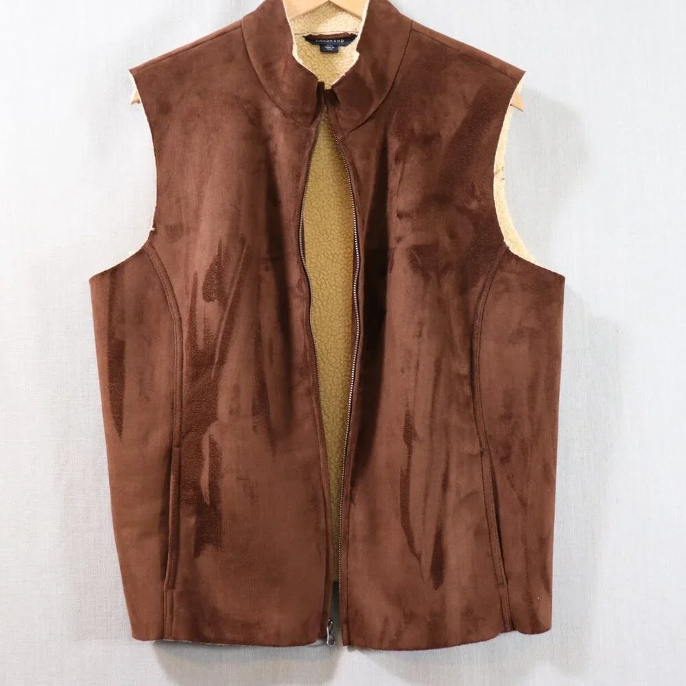Lands End Faux Suede Sherpa Vest Women’s XL Petite 18-20 Brown Lined Full Zip - Picture 2 of 16